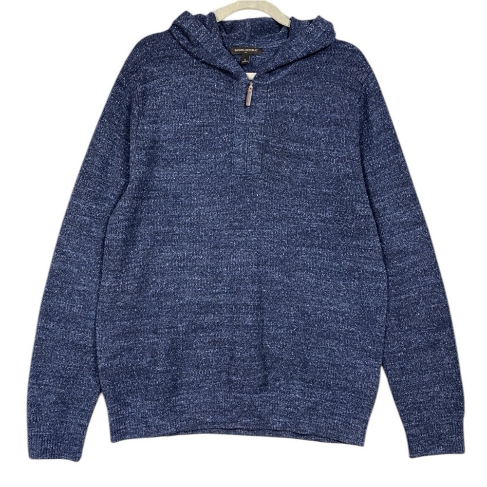 Banana Republic Factory Hooded Knit Sweater Mens Size Large Blue Quarter Zip